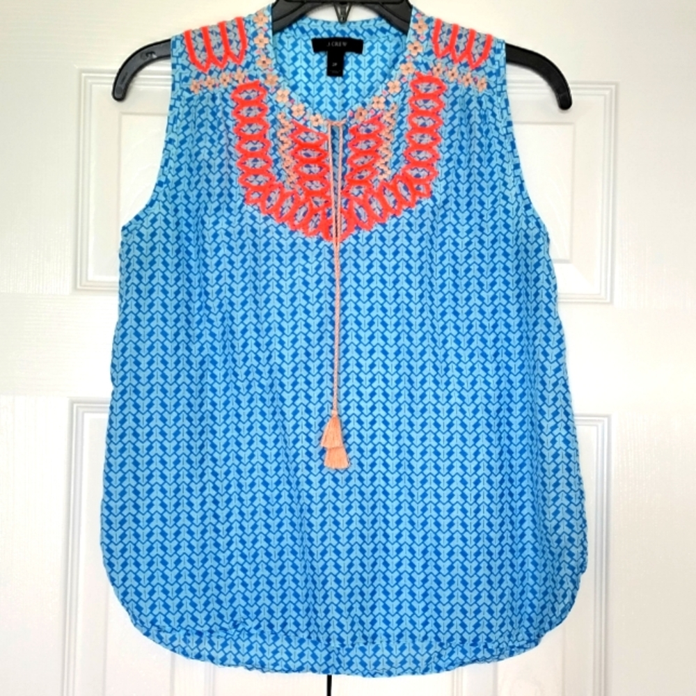 J.Crew sleeveless pullover blouse blue embroidered tassels cotton silk size 2P